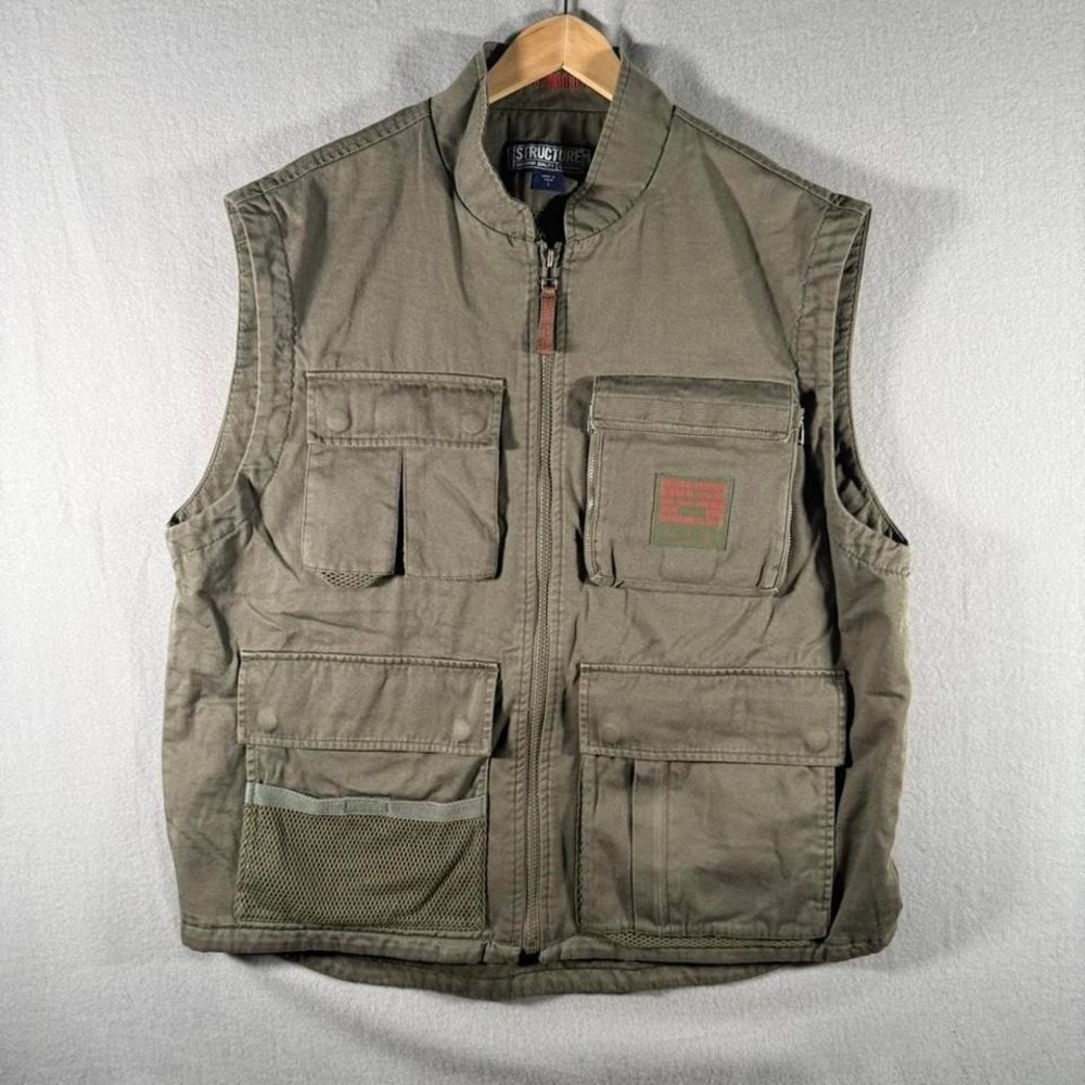 Vintage Y2K Structuret Green Utility Vest Military Skater Grunge Large